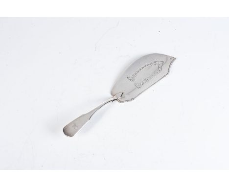 A GEORGE III SILVER FIDDLE-PATTERN FISH SLICE, SOLOMON HOUGHAM, LONDON, 1806 The pierced blade with reeded rim, the terminal 