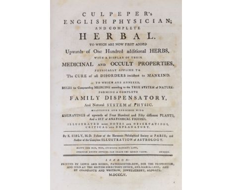 ° ° Culpeper, Nicholas - The English Physician and Complete Herbal, 2 parts in 1 vol. 4to, burr calf, with engraved portrait 