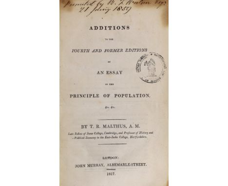 ° ° Malthus, Rev. Thomas R. - Additions to the Fourth and Former Editions of An Essay on the Principle of Population, &amp;c.
