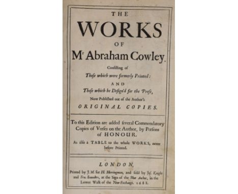 ° ° Cowley, Abraham - The Works, 2 parts in one vol., folio, modern crushed brown morocco, engraved portrait, H. Herringham, 