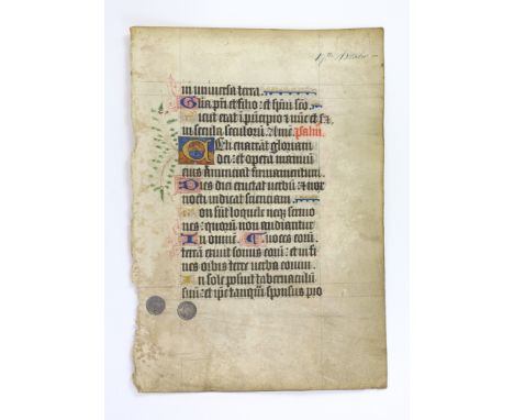 Manuscript leaf from a book of hours illuminated in blue, red, rose, green and gilt; perhaps English, third quarter of the 14