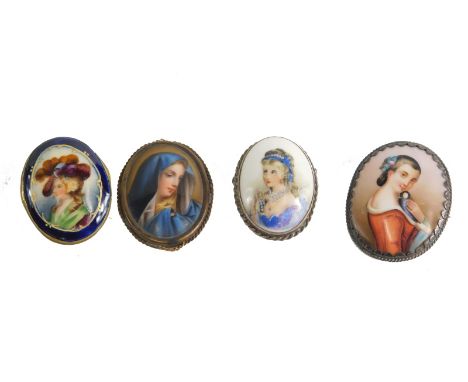 Various enamel type and other brooches, Vienna type quarter profile Virgin wearing hood, 6cm x 5cm, other enamel style and ot