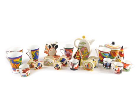Various Wedgwood Clarice Cliff pottery miniature items, coffee pot, jazz style figure, 13cm high, part tea services, etc. (a 