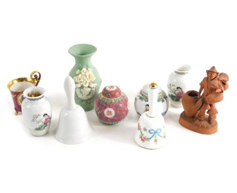 Various pottery and effects, a pair of Chinese Republic period porcelain miniature vases, each polychrome decorated with figu