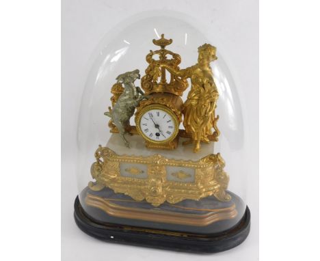A 19thC gilt metal mantel clock, the 8cm diameter Roman numeric dial flanked by goat and classical figure holding wheat, on a