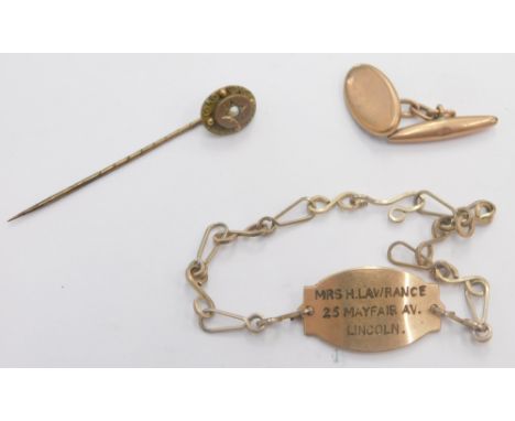 A 9ct gold identity bracelet, inscribed Mrs H Lawrence Mayfair, Lincoln, 9ct gold and seed pearl topped stick pin and a 9ct g