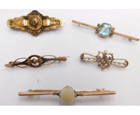 Five 9ct gold bar brooches, comprising opal set bar, diamond set bar brooch, and others, 11.6g all in. 