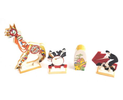 Various Wedgwood Clarice Cliff limited edition pottery pieces, sugar sifter, 15cm high, and two other pieces Jazz figures. (4