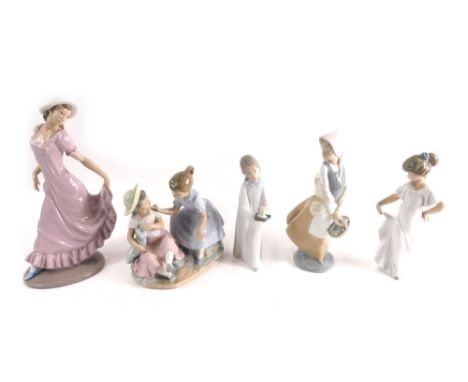 Various Nao figures, lady in hat, 31cm high, children group, girl holding basket, various marks beneath. (5) 