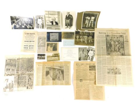 A collection of cricket related photographs and ephemera, to include a press agency image of Cambridge University student mat