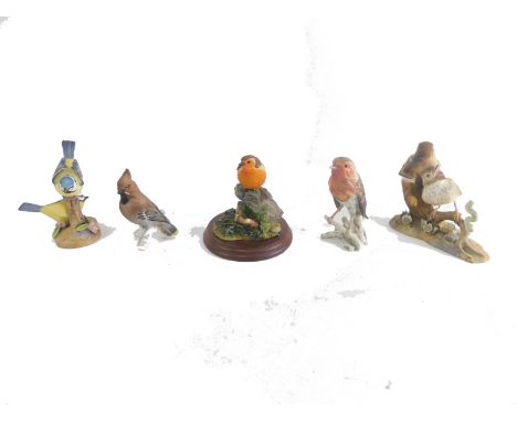 Various bird ornaments, Royal Worcester and others, a Royal Crown Derby Thrush Chicks figure group, printed marks beneath, 14