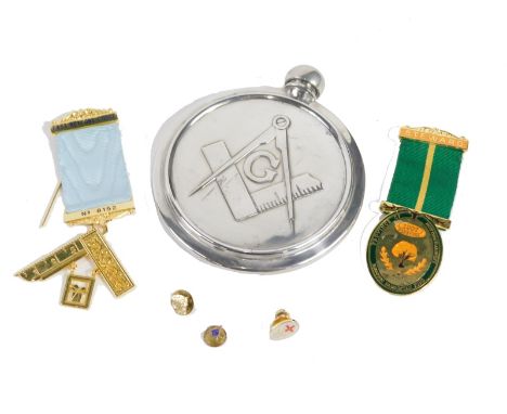 Various Masonic items, an East Retford Lodge gold plated jewel with set square, a hip flask, studs, various other jewels, Pro