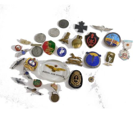 Various badges, war related and others, RAF enamel style wing badge, 4cm wide, other later and reproduction medallion medals,