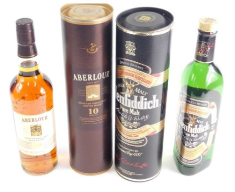A bottle of Glenfiddich, in cardboard tube, and a bottle of Aberlour ten year old single malt Scotch whisky. (2) 