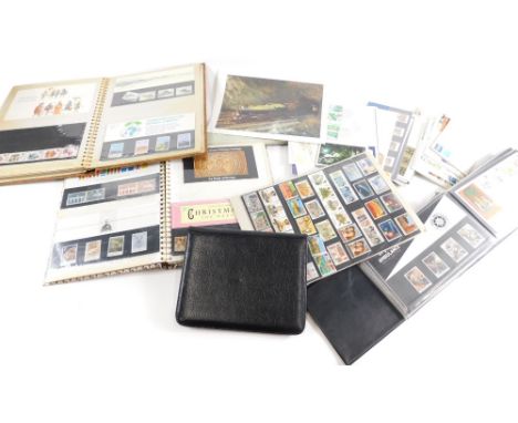 Various scientific instruments, measuring items, stamps, etc., slide rule, cased leather finished calendar blotter, a quantit