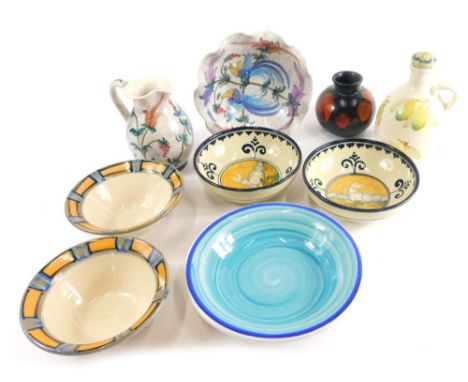 Various Poole pottery and effects, a globular vase, 10cm high, dolphin mark beneath, Nicola Fasano jar and cover, Nakos Conti