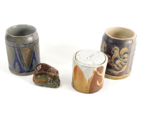 Various Studio and other pottery, a sgraffito decorated mug, marked Handaibeit 8.6.84, decorated with cockerels on a brown an