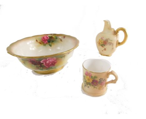 An early 20thC Royal Worcester bowl, profusely decorated with roses, unsigned, blue mark beneath, a jug numbered 1094, and fu