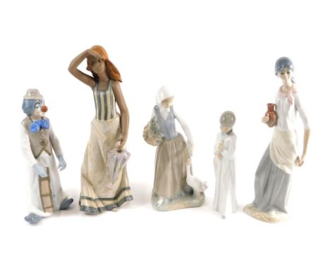 Various Nao and other similar pottery figures, figure of a lady holding a basket aside goose, 25cm high, and others similar, 
