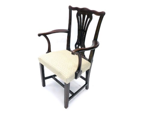 A 19thC mahogany Chippendale style carver chair, with comb top, inverted pierced back splat, shaped arms on an inverted suppo