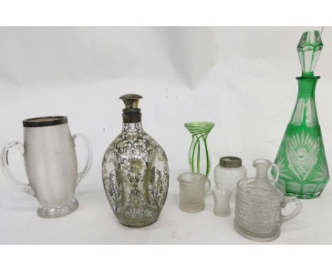 Various glassware, an inverted Haig's Dimple style decanter, etched with thistles, with plated mounts and lid, 22cm high, var