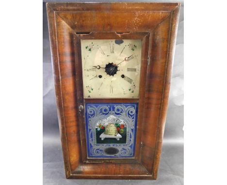 A late 19thC Jerome American shelf clock, in a figured walnut case, with white painted dial enclosed by a part verre eglomise