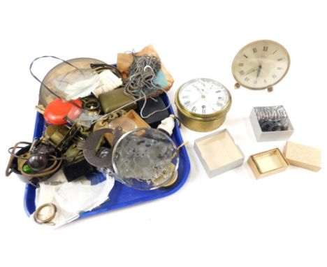 Various boxed watches, clock parts, brass cased clock with Roman numeric dial and Arabic subsidiary second hand, 13cm diamete