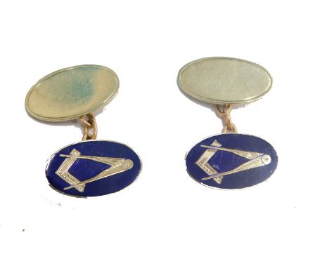 A pair of 9ct gold part enamel Masonic cufflinks, with oval discs, one plain, the other set with set square and compass, with