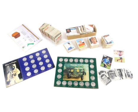 Various coin sets, cigarette, trade and other cards, a quantity of football quiz Anglo confectionary cards, various A&amp;BC 