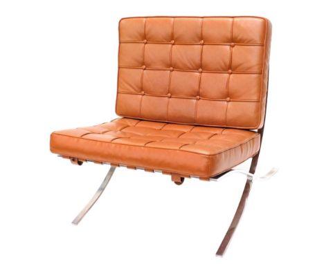 A vintage brown leather Van der Rohe style Barcelona chair, with button and lattice decoration, on an annexed shaped chrome f