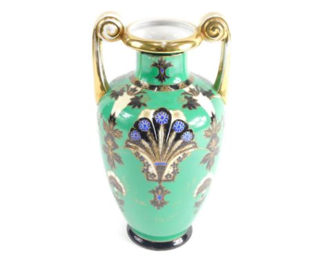 A 20thC Noritake vase, in green with gilt floral and blue glazes, 17cm high.