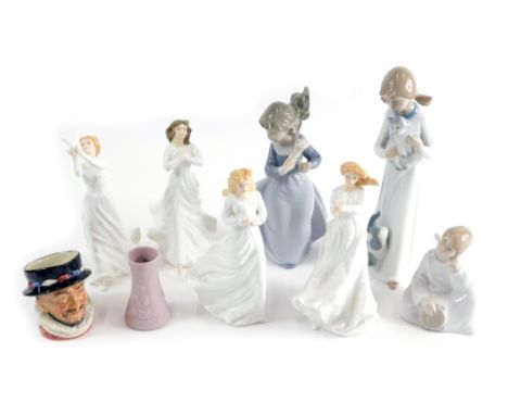 Various Royal Doulton figures, miniature character jug, Beefeater, Loving You and other lady figures, Nao figure of an angel 