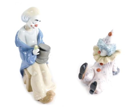 A Lladro figure of Pierrot, 05812 printed marks beneath, and a Nao figure of a clown. (with two boxes)