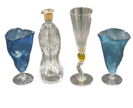 A Lindshammer Swedish glass spirit decanter and stopper, a pair of blue Scandinavian style stemmed glass vases, indistinctly 
