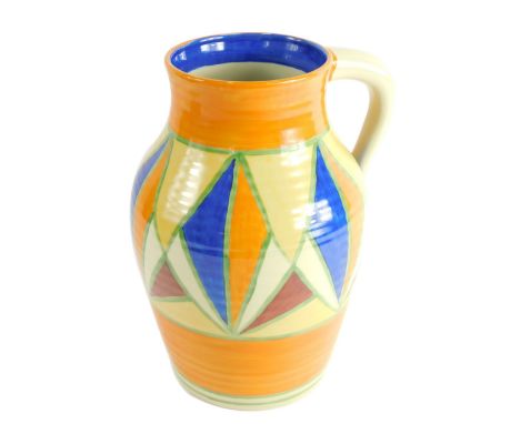 A late Art Deco design pottery lotus jug, in the style of Clarice Cliff, 32cm high.