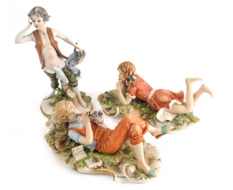 Various Capodimonte figures, child playing musical instrument, standing child, 23cm high, etc. (3)