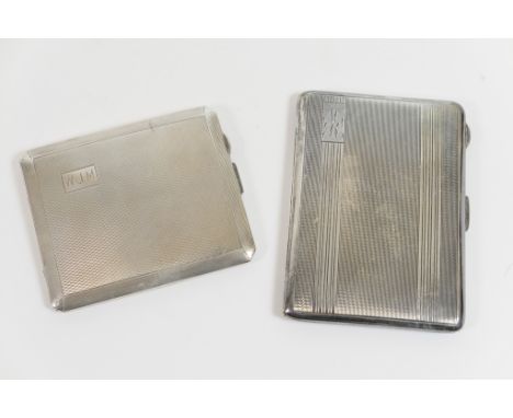 George V silver cigarette case, Chester 1928, canted rectangular form with engine turned decoration and engraved initials 'WJ