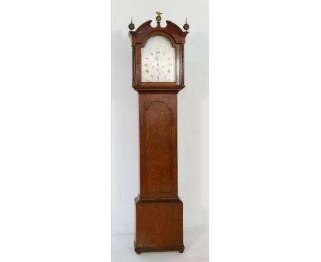 Scottish oak eight day longcase clock, by James Pattison of Banff, the hood with three brass ball finials and reeded columns 