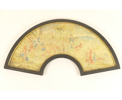 18th Century hand decorated fan leaf, decorated with a mythological scene of Hannibal and his army in watercolours (no sticks