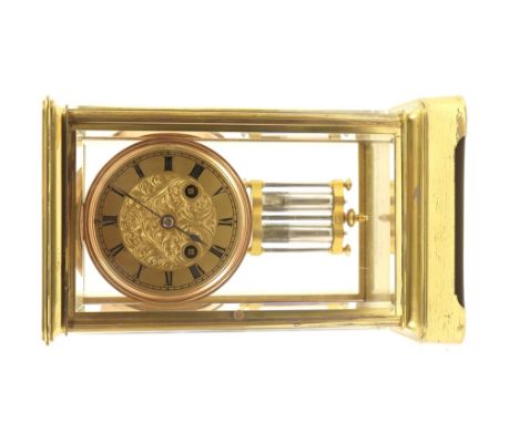 French four glass mantel clock, circa 1900, the gilt dial with foliate chased centre and Roman numerals, the movement signed 