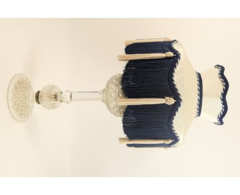 Edwardian heavy cut glass pedestal oil lamp, the fitting now converted to electricity, hobnail cut decoration throughout, wit