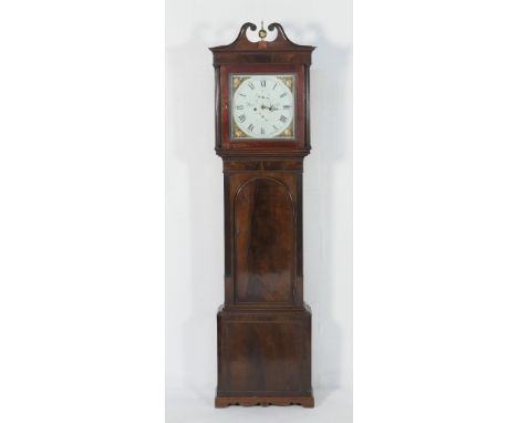 Russell of Lancaster mahogany eight day longcase clock, circa 1820-40, swan neck pediment centred with a single brass ball fi