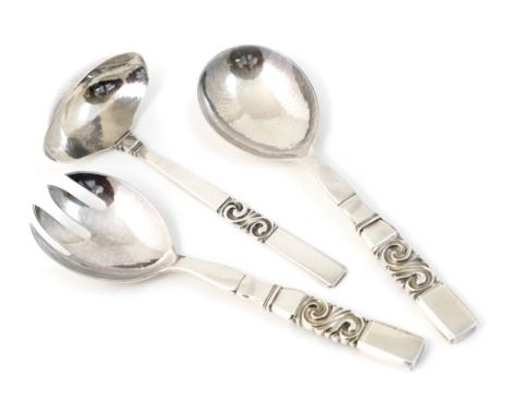 Pair of Georg Jensen silver salad servers, in the Scroll pattern, and a matching sauce ladle, weight approx. 279g (8.97 troy 