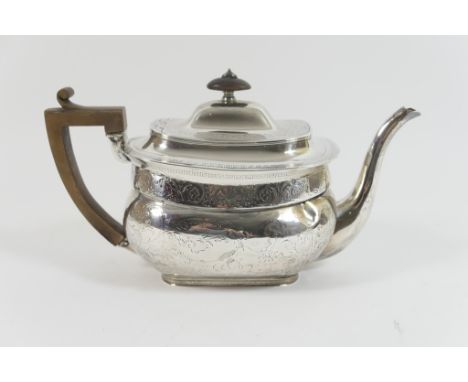 George III silver teapot by Thomas Robins, London 1806, of bombe form scroll engraved with bands of keyed decoration, hinged 