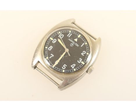 Hamilton stainless steel military issue wristwatch, circa 1970s, black dial, signed and with circled 'T' and crow's foot logo