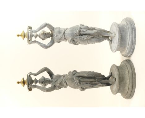 Pair of spelter figural table lamp bases, cast as Grecian maidens, height to the top of the figure, 60cm