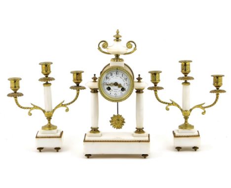 French white marble and ormolu clock garniture, late 19th Century, painted enamelled dial with Arabic numerals, detailed with