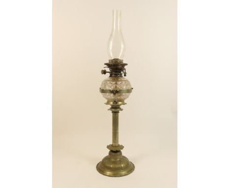 Arts and Crafts period nickel plated brass and cut glass pedestal  oil lamp, circa 1895, having a plain glass chimney with or