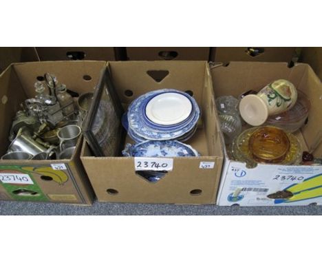 Three boxes of assorted items to include; cut glass decanter and bowls, blue and white plates including; Crown Ducal 'Colonia