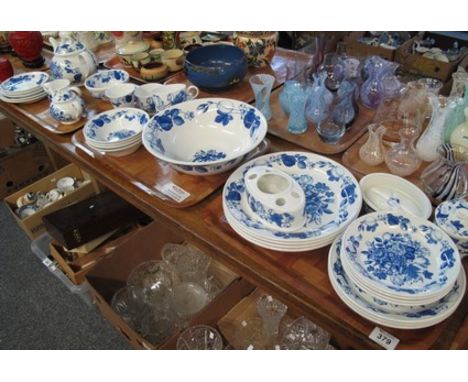 Three trays of Portmeirion pottery 'Harvest Blue' design by Angharad Menna, to include: bullet shaped teapot; miniature bulle